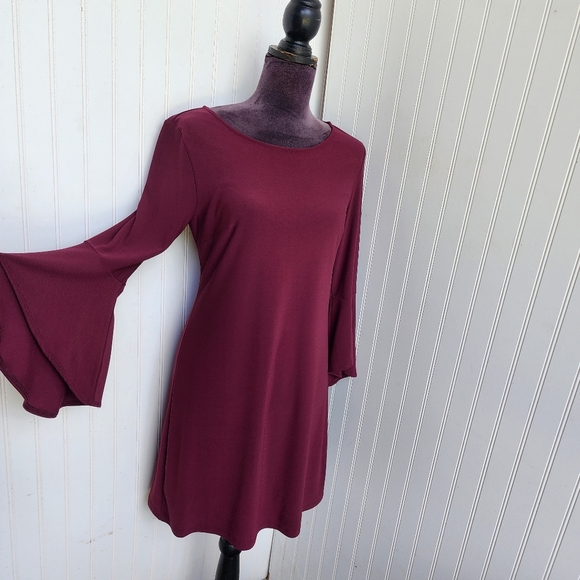 INC International Concepts Burgundy Maroon Stretch Dress Flare Bell Sleeve M - Picture 1 of 11
